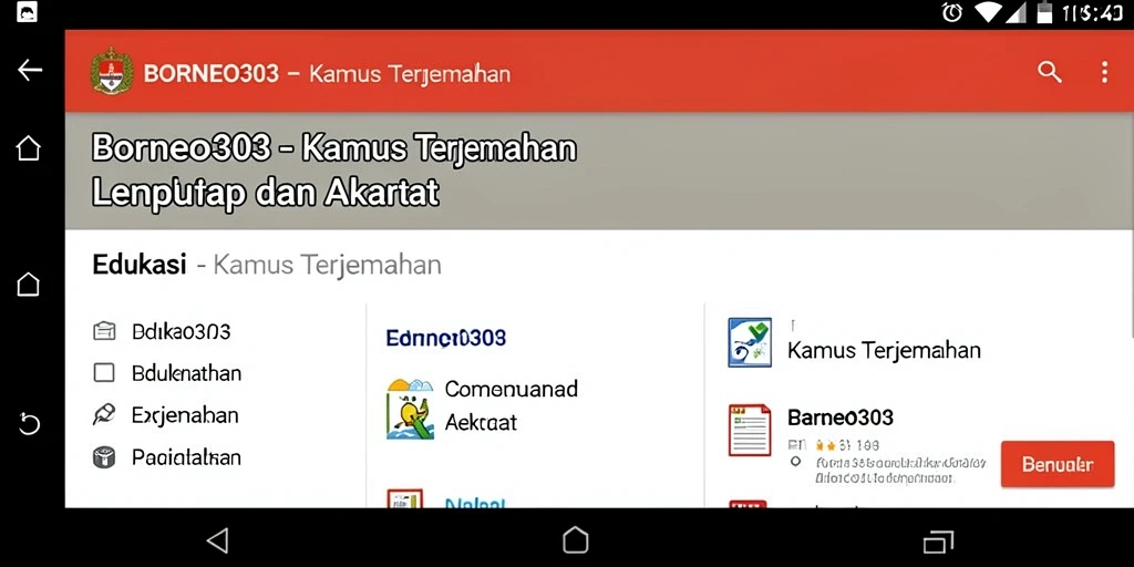 Antarmuka pengguna aplikasi Kamus Terjemahan BORNEO303 yang intuitif.