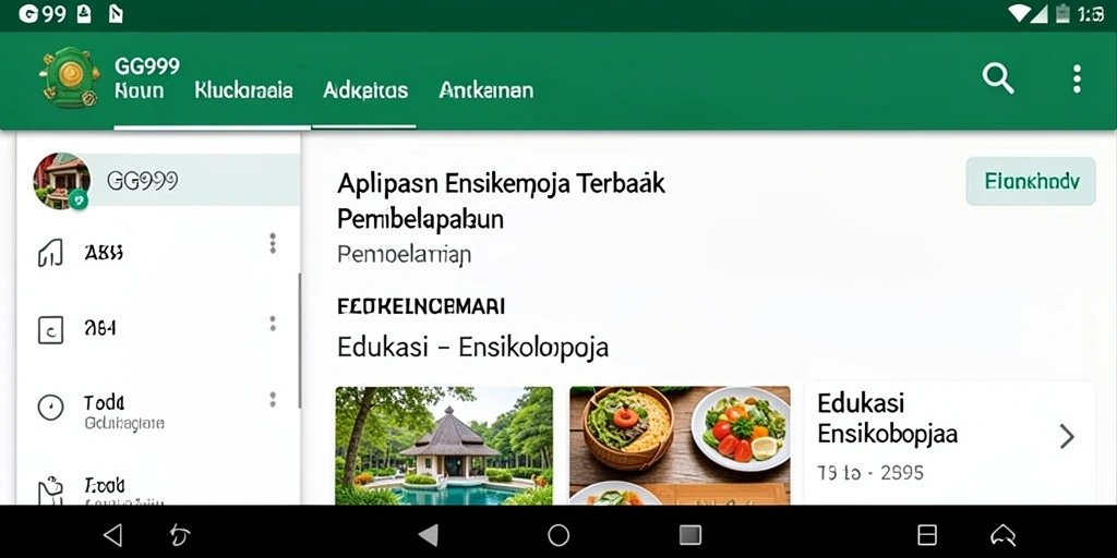 Tampilan antarmuka aplikasi GG999 dengan fitur-fitur Ensiklopedia yang menarik.